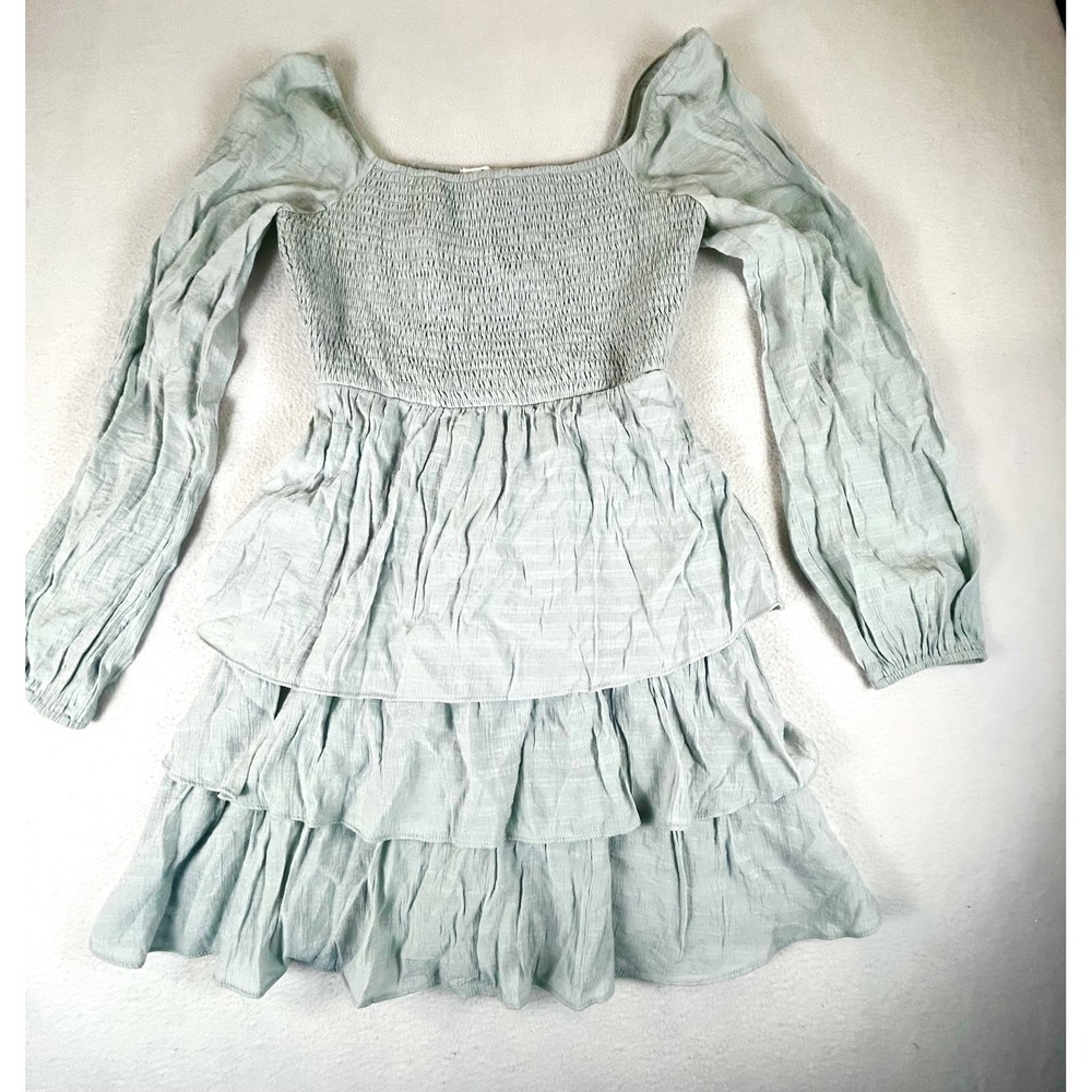Tula J Womens Sage Green Smocked Tiered Long Sleeve Mini Dress ID61149-01 Size S